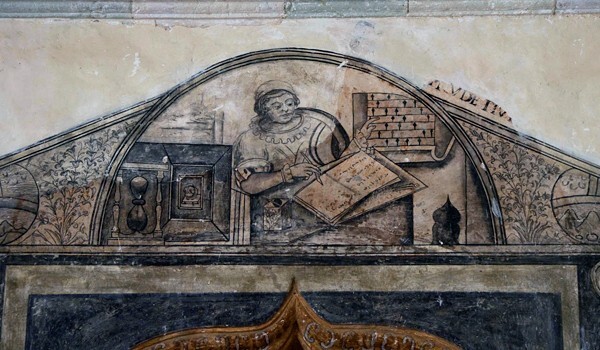 Santiago Matamoros, lower cloister testera closeup, Dominican scribe - Santiago Matamoros, church & cloister