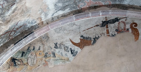 Portería lunette mural - San Nicolás de Tolentino, façade, bell-tower, portería & nave