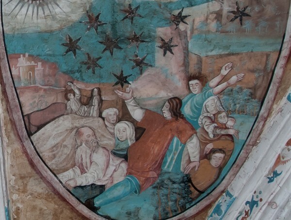 Webbing painting: Opening of the Sixth Seal, detail - Tecamachalco, Puebla, La Asunción de Nuestra Señora, sotocoro