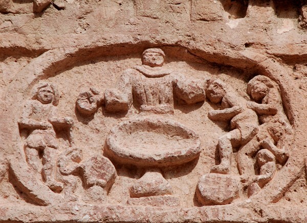San Juan Bautista, façade, bell-tower base, window relief - Victoria, Guanajuato