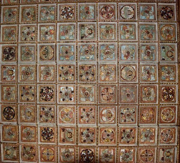 San Juan Bautista, lower cloister SW testera, artesonado ceiling - Coyoacán