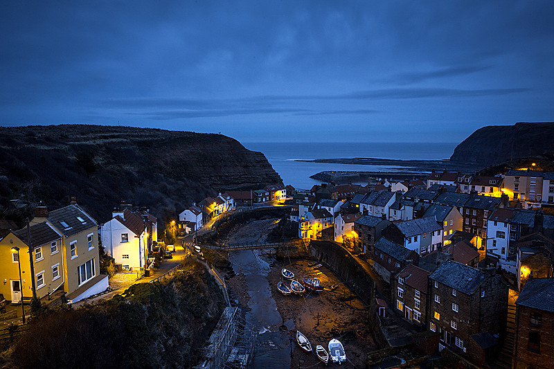 Night time landscape photography of Staithes on the north Yorkshire coast