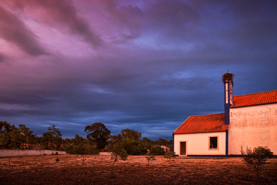 Comporta church in warm sunset light