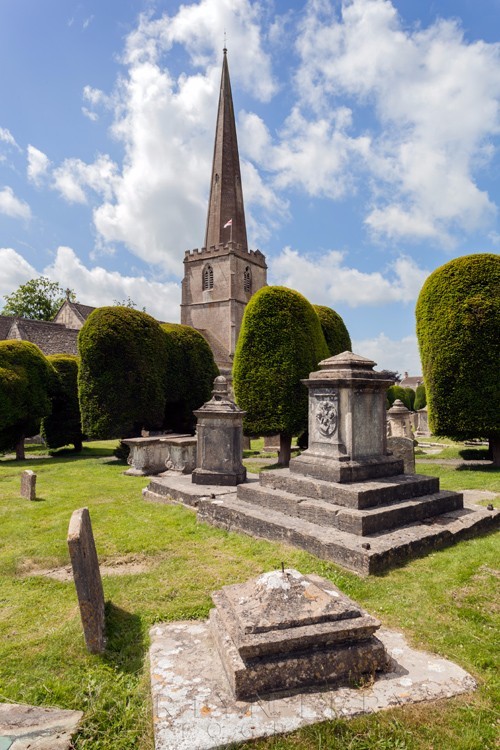 Tall spire of St. Mary's church in the Cotswold town of Painswick