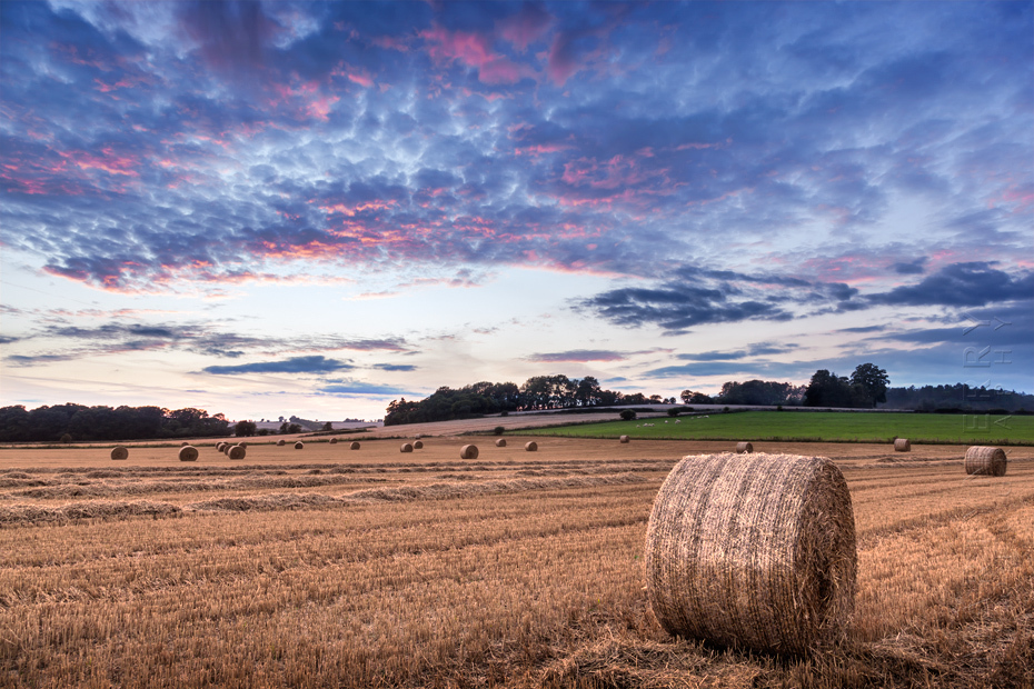 Photograph of hay bales at sunset in the Cotswolds