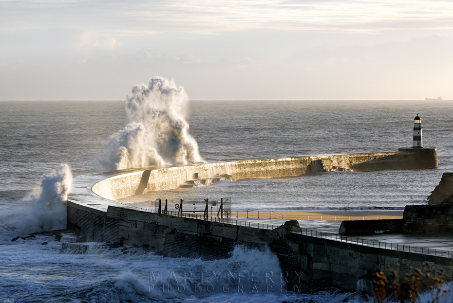 Seaham harbour wall and huge waves