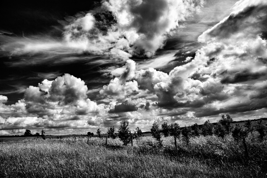Cotswolds image of dramatic clouds over a meadow in black and white