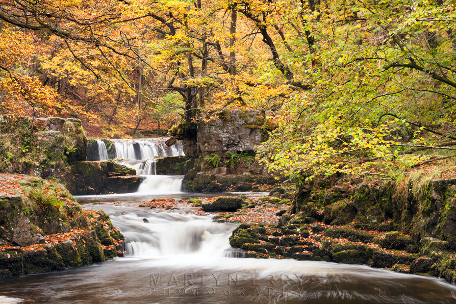Golden leaves over the falls of Sqwd y Bedol in Wales