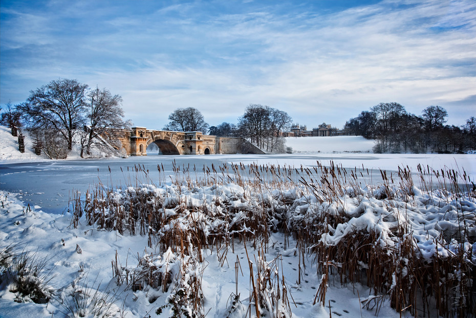 Classic photograph of Blenheim Palace under a blanket of snow