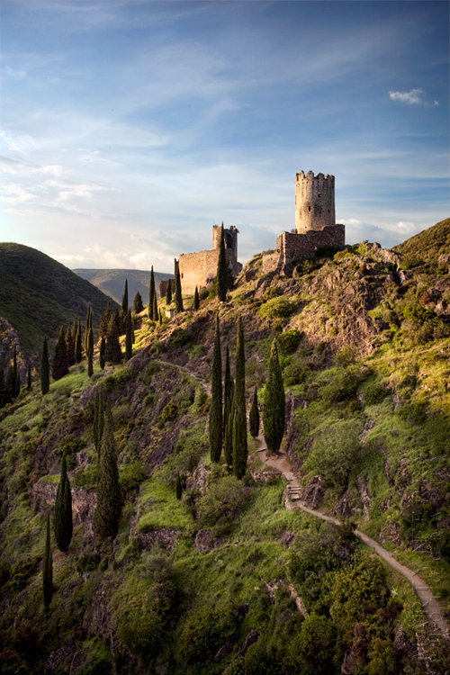 Beautiful sunlight on Lastours Chateaux