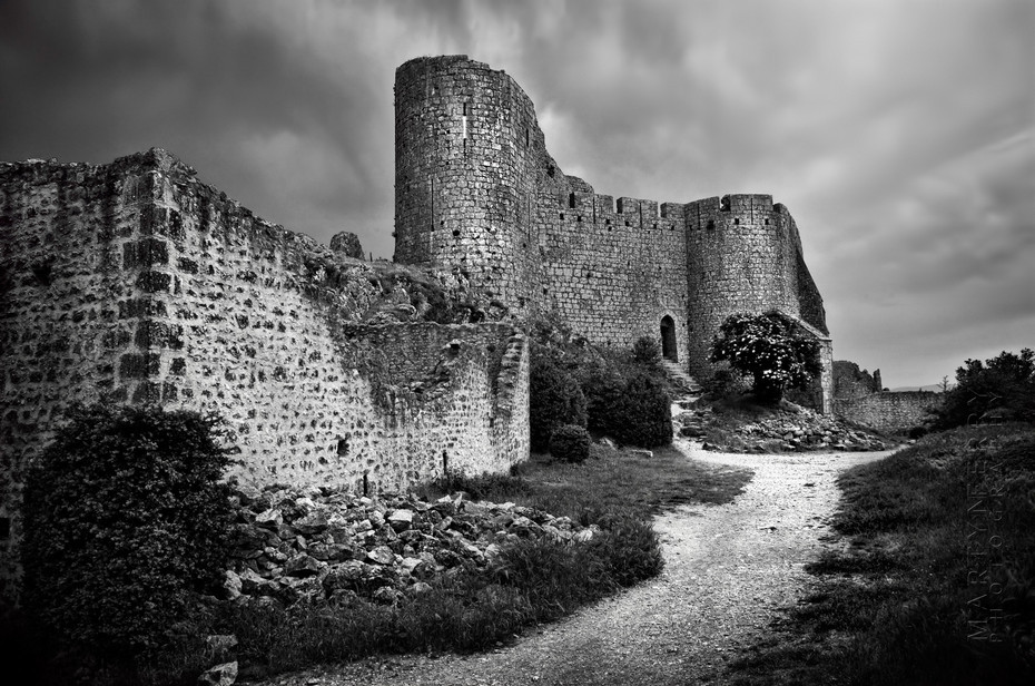 Striking black and white image of Chateau de Peyrepertuse