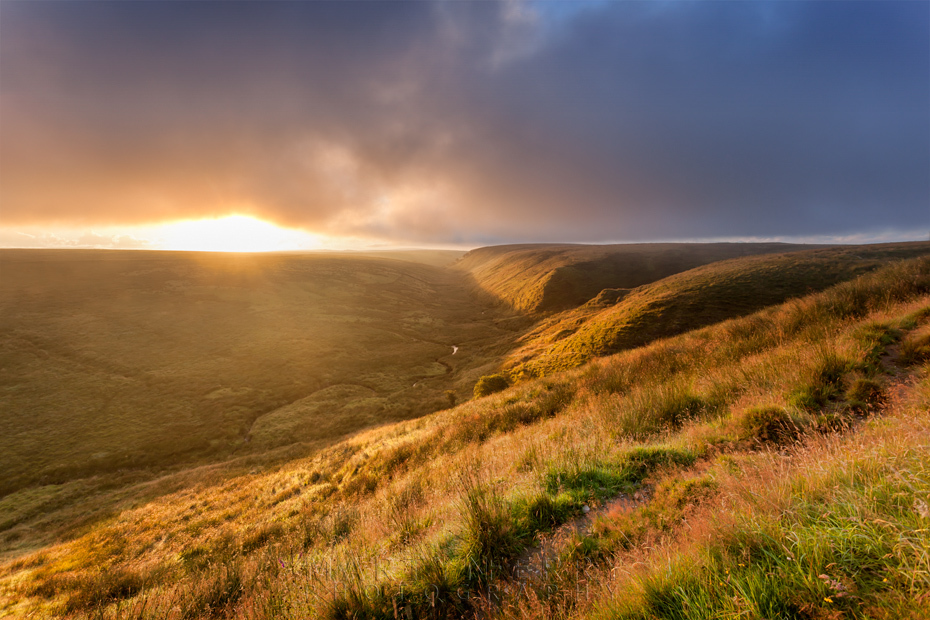 Warm landscape at sunrise in the Exe Valley in Exmoor