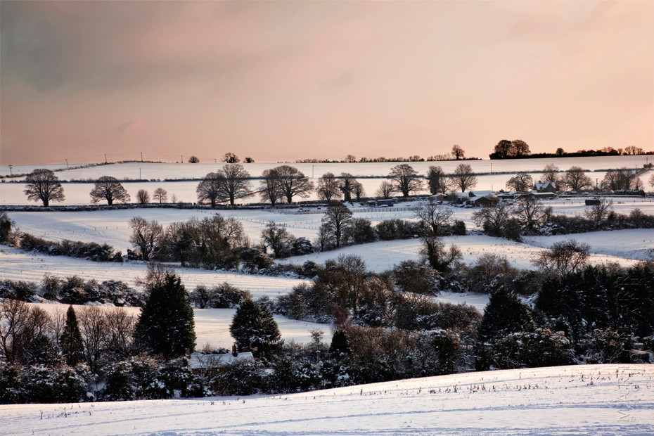 Photograph of pink skies over snow covered fields in the Cotswolds