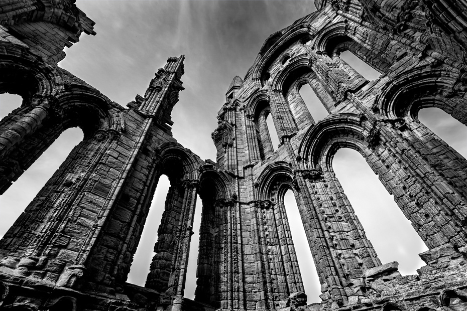 Whitby Abbey interior photograph in dramatic black and white