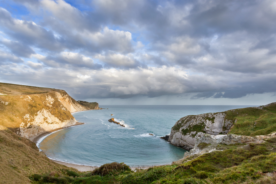 Evening sunlight on Man O'War Bay in Dorset