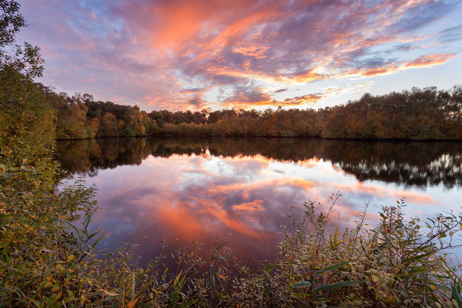 Sunset at Holme Fen with cloud reflections