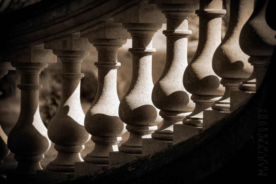At Witley Court light hits the edges of a balustrade