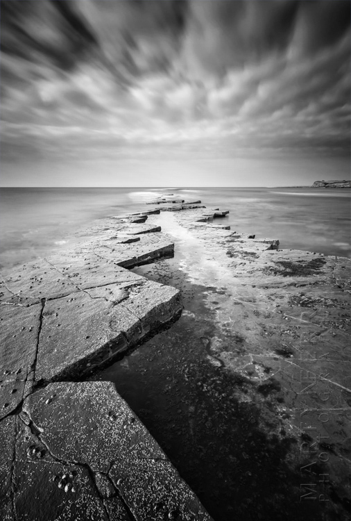 Black and white image of coastal shelves at Kimmeridge