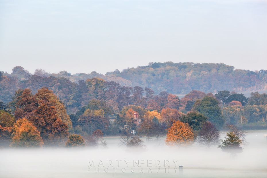 Mist surrounds an autumn landscape in Cambridgeshire