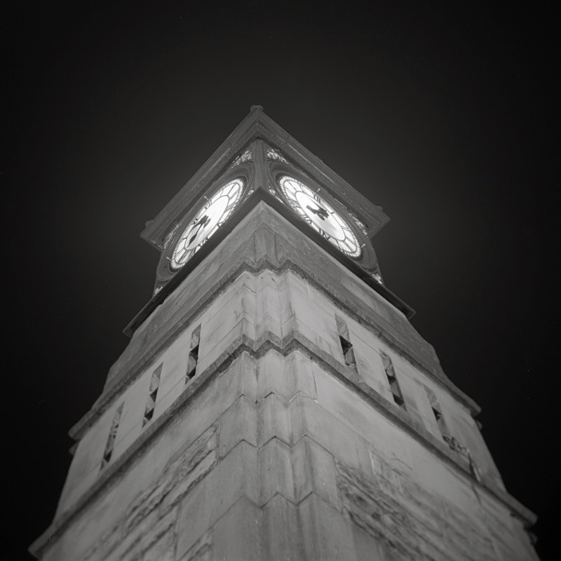 Black and White Photograph of the Jubilee Clock Otley, taken at night with a Holga 120N