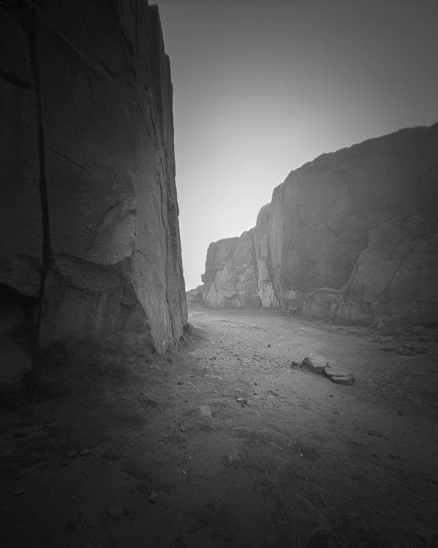 Black and White Picture of the quarry at Cow and Calf rocks on Ilkley moor west Yorkshire