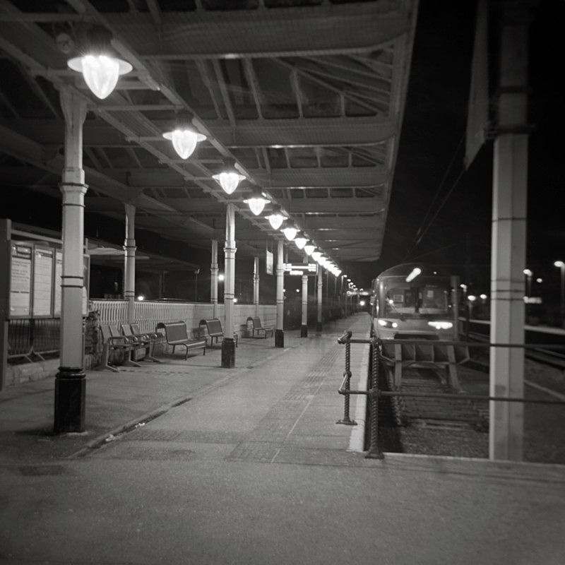 Black and White Photograph of ilkley Railway Station at Night
