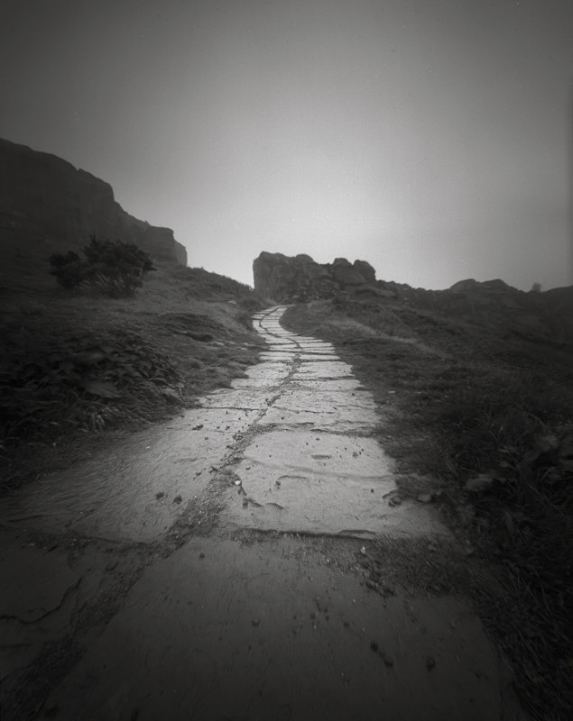 Black and White Picture of the steps leading to the Cow and Calf Rocks