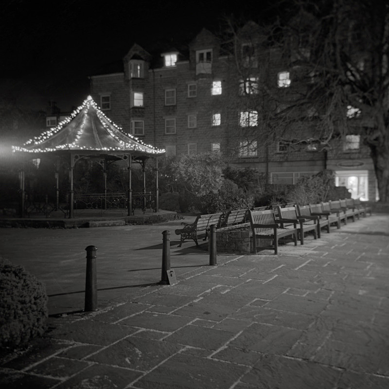 Black and White Photograph of Ilkley Bandstand taken at Night