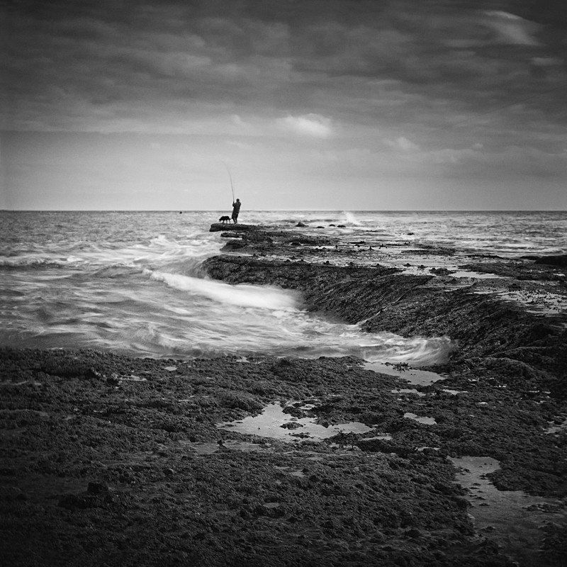 Fishing on Filey Brigg (square format) - Water