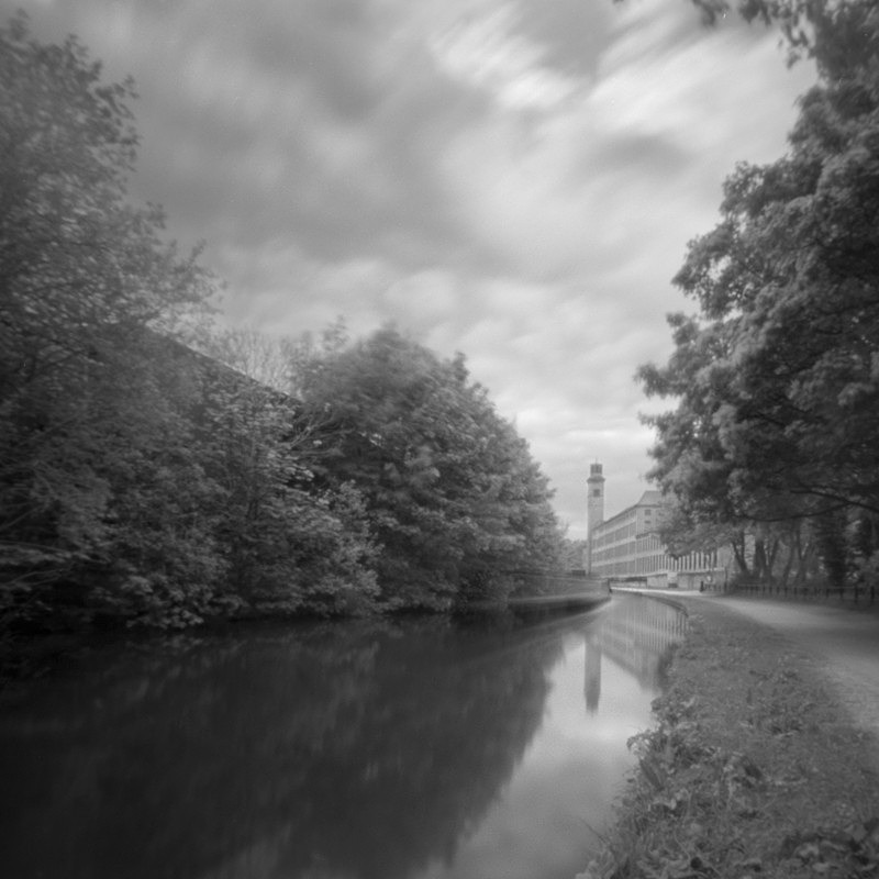 Salts Mill from Canal side (square format) - Salts Mill and Leeds-Liverpool Canal