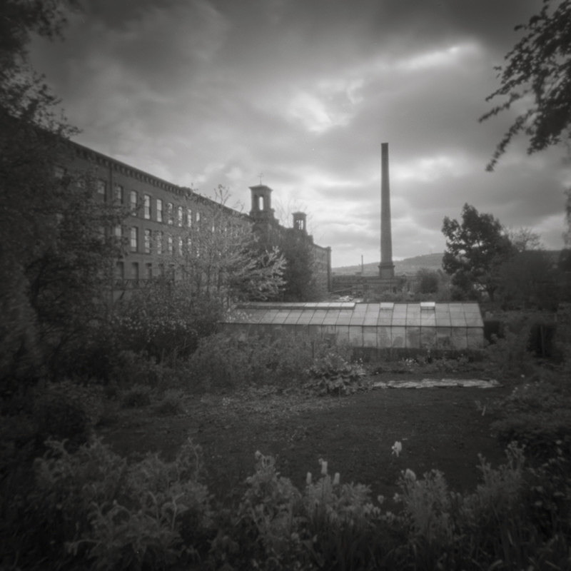 Salts Mill Allotment Side, Pinhole (square format) - Salts Mill and Leeds-Liverpool Canal