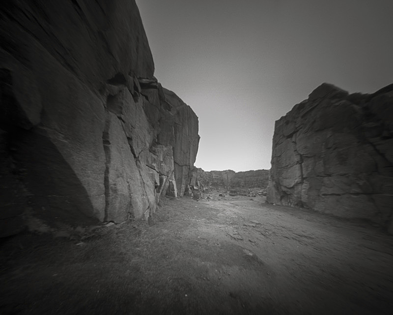 Black and White Picture of the entrance to Cow and Calf Rocks on IIkley Moor