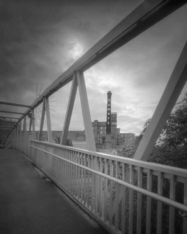 View from Bridge to Damart Mill (4x5 pinhole camera) - Salts Mill and Leeds-Liverpool Canal