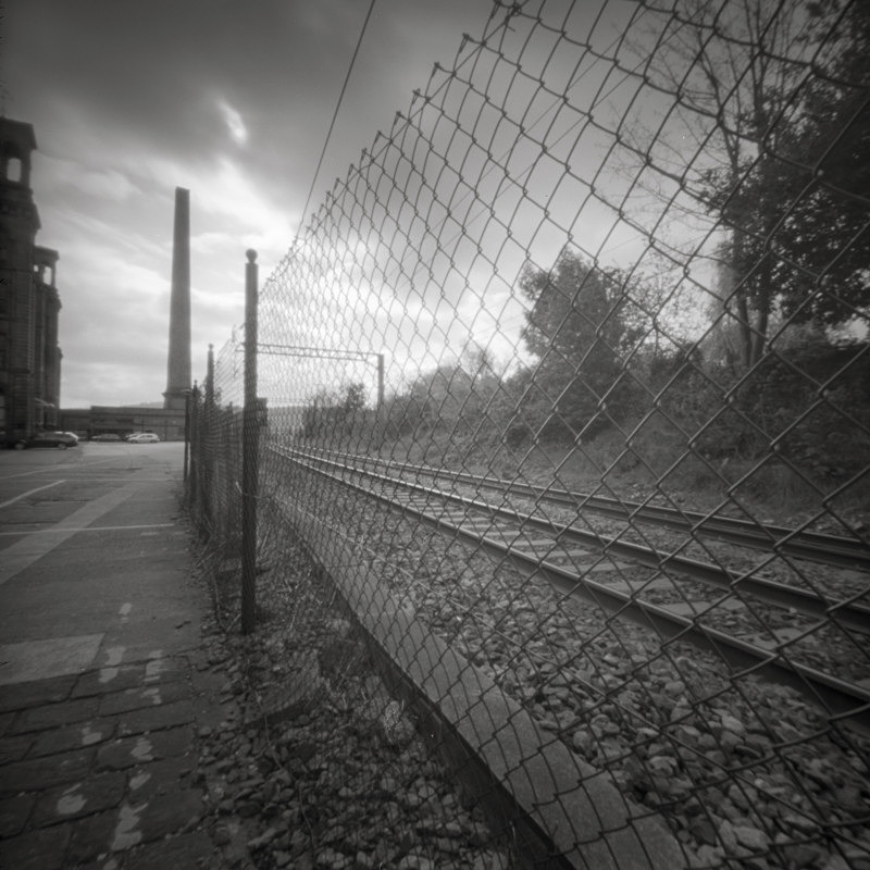 Salts Mill Railway Side, Pinhole (square format) - Salts Mill and Leeds-Liverpool Canal