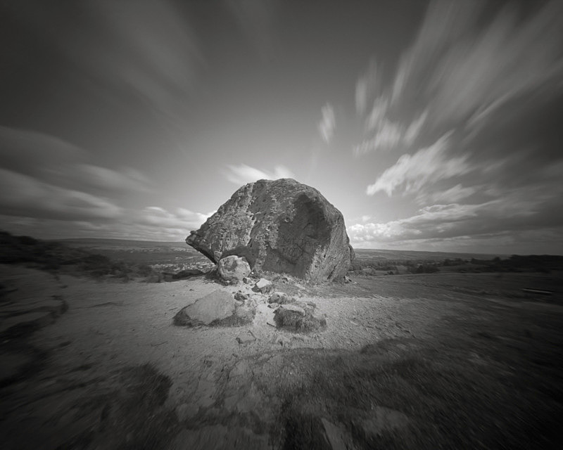 Black and White photograph of the cow and calf rocks on Ilkley moor