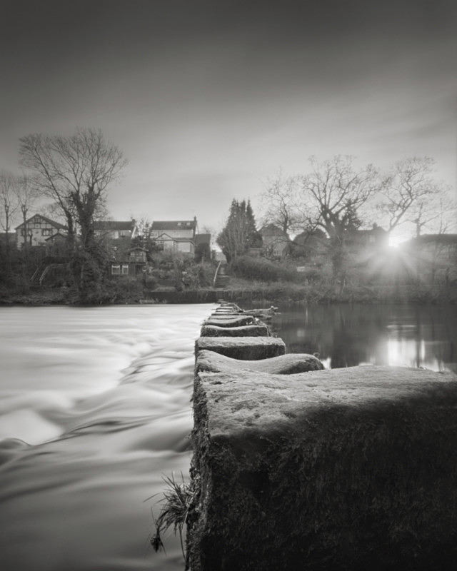 Black and White photograph of stepping stones Ilkley