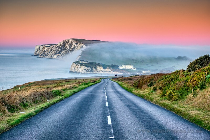 z3987 Flowing Fog over Freshwater Bay - Freshwater Bay to Colwell Bay inc the Needles