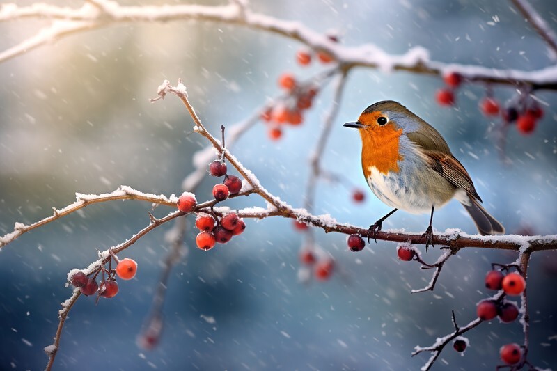 pr058 A Winter Robin eyeing up a tasty Berry Breakfast - Photorealism Gallery