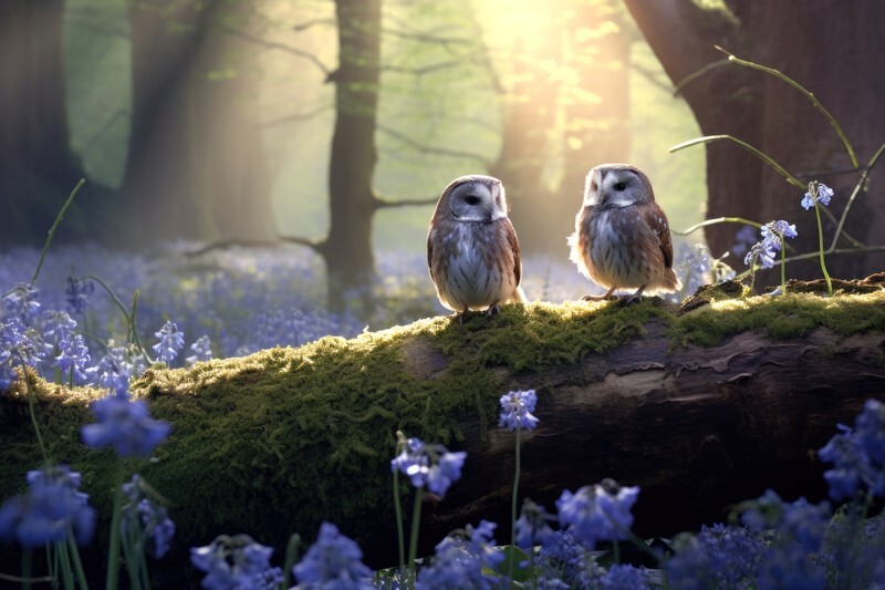 pr079 Barn Owls among the Bluebells - Photorealism Gallery