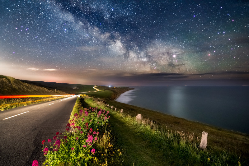z3432 Milky Way and Car Lights over Compton Bay - Blackgang to Compton inc Brighstone, Shorwell & West Wight