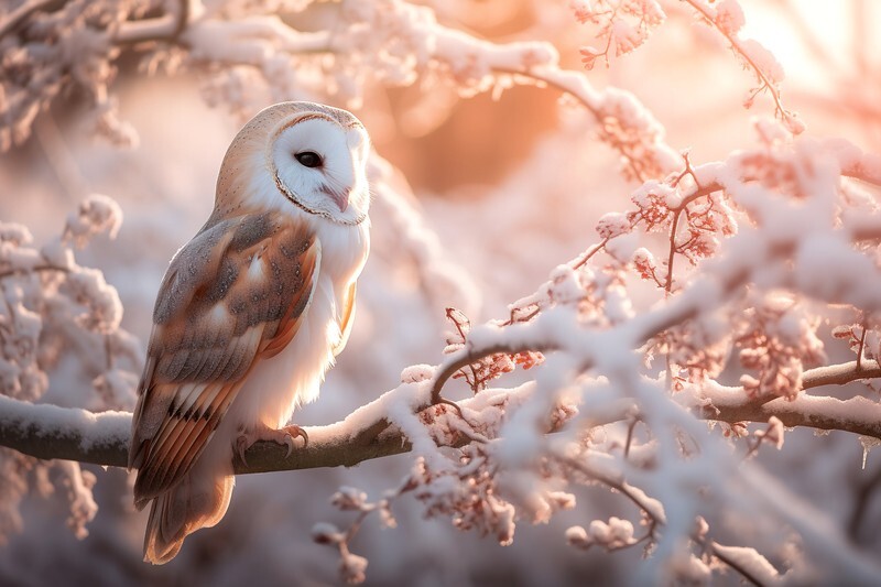 pr046 Ethereal Sunlight over a Winter Barn Owl - Photorealism Gallery