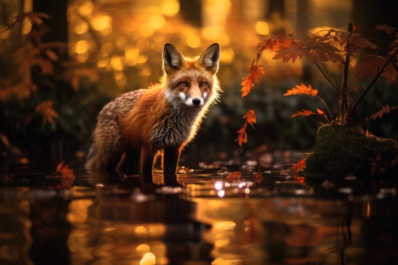 pr074 A Fishing Fox in an Autumnal Forest - Photorealism Gallery