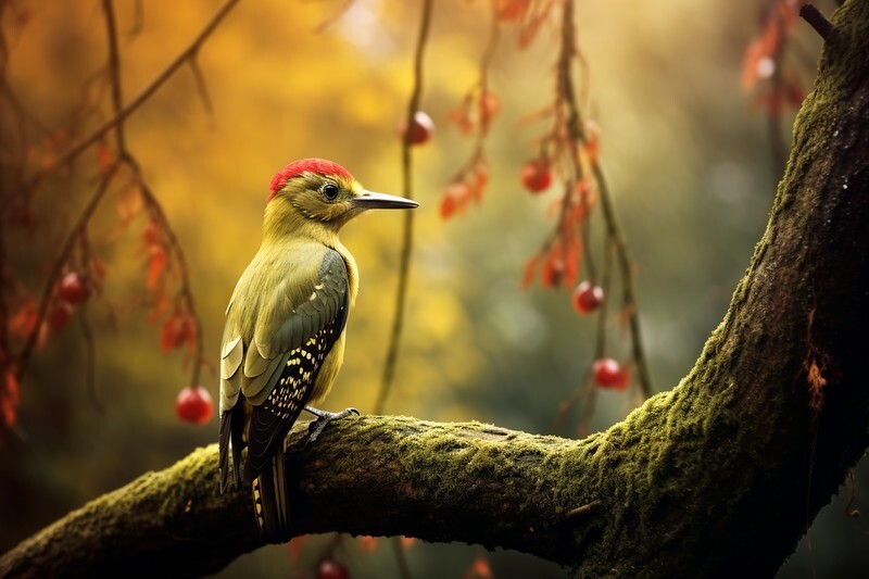 pr017 Green Woodpecker deep in an Autumnal Wood - Photorealism Gallery