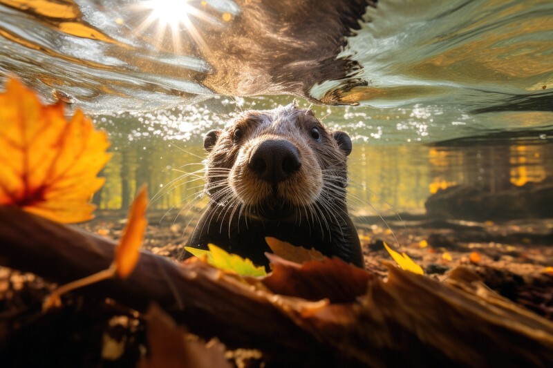 pr071 Hunting Beaver in a Crystal Clear Stream - Photorealism Gallery