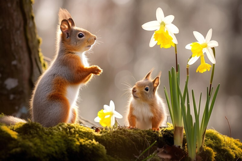 pr072 Springtime Reds among the Daffodils - Photorealism Gallery