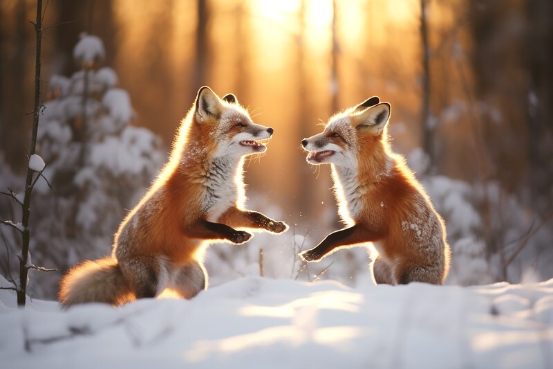 pr062 Playful Winter Foxes in the Snow - Photorealism Gallery