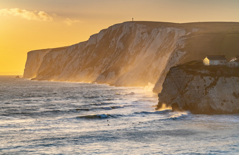z3684 Surfers at Sunset, Freshwater Bay and beyond - Freshwater Bay to Colwell Bay inc the Needles
