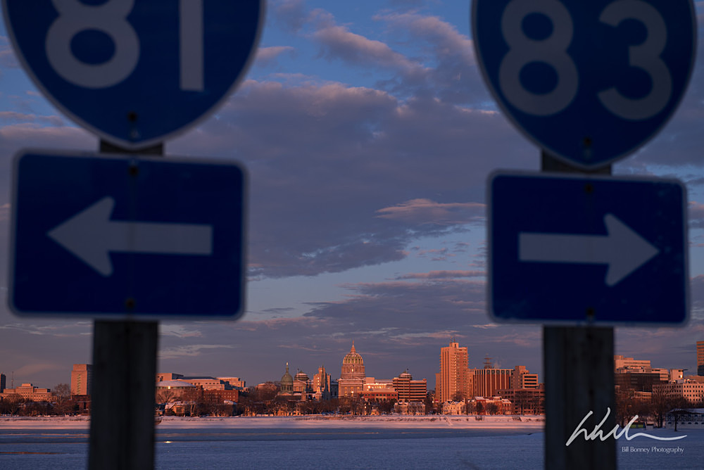 Winter Sunset Harrisburg Road Signs - Harrisburg Area, Pennsylvania