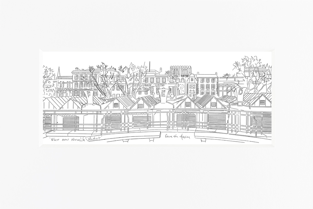 View over Norwich Market - Line Art Pano
