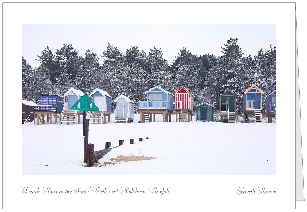 A5 Greeting Card of Beach Huts in the snow at Wells and Holkham - Greetings Cards